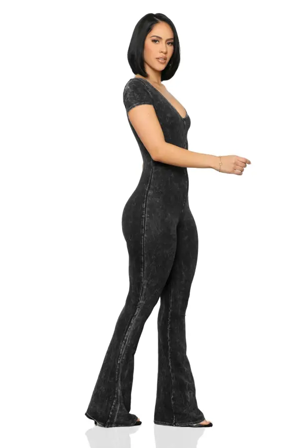 V-Neck Jumpsuit (Black Acid Wash)