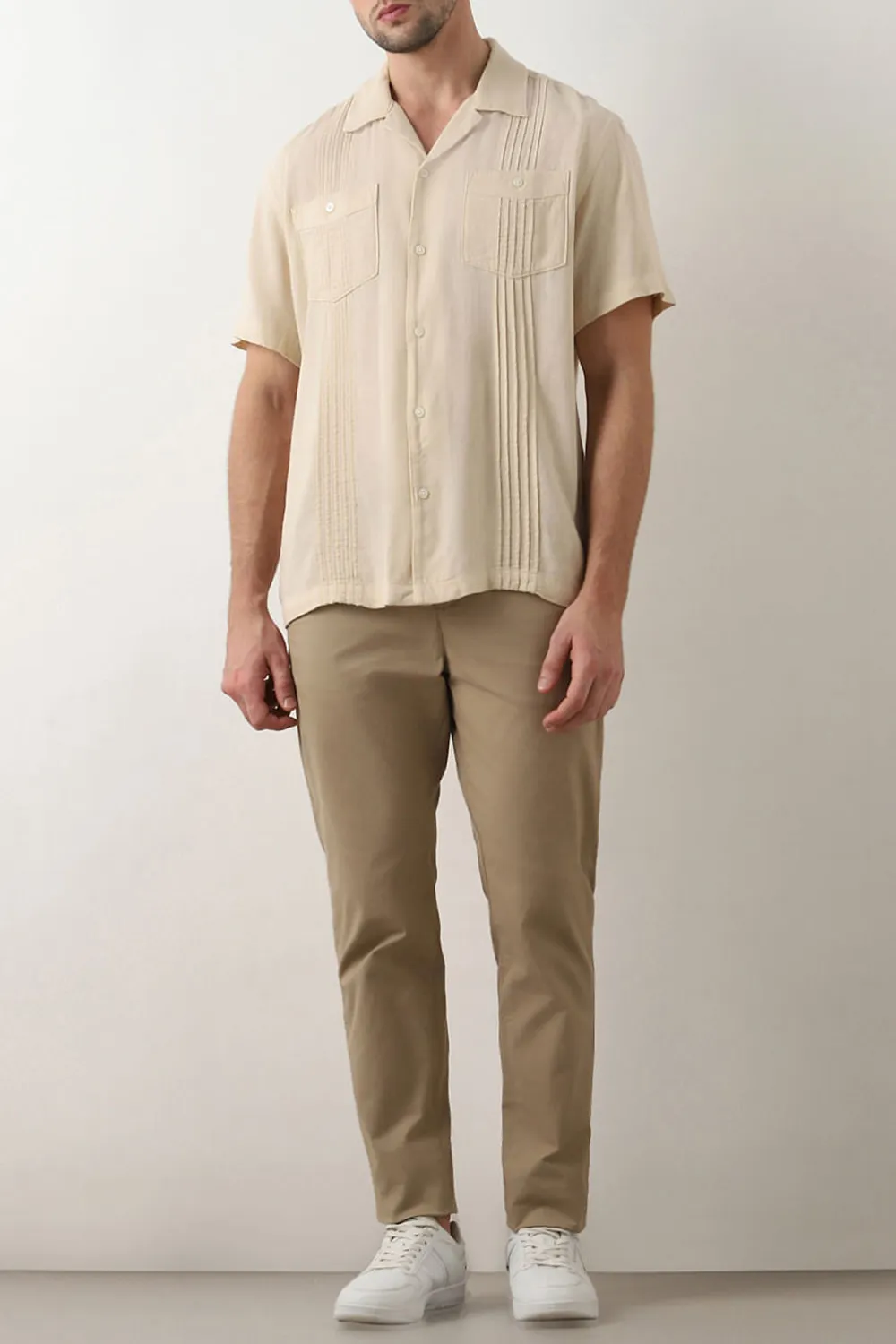 Beige Cuban Collar Short Sleeves Shirt