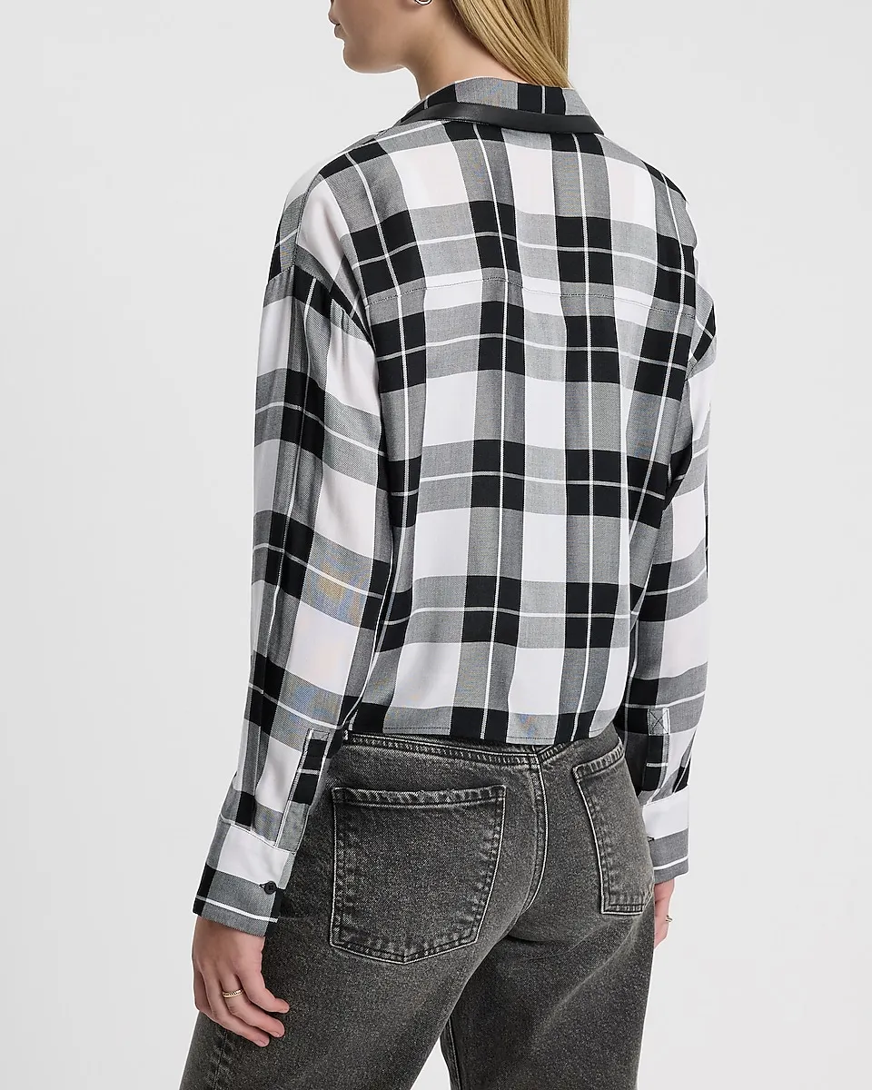 Plaid Faux Leather Trim Cropped Portofino Shirt