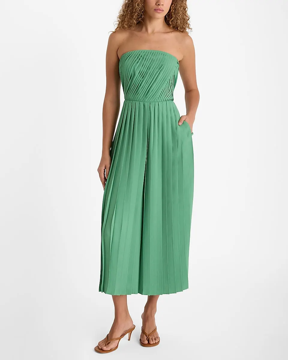 Pleated Strapless Flowy Wide Leg Jumpsuit