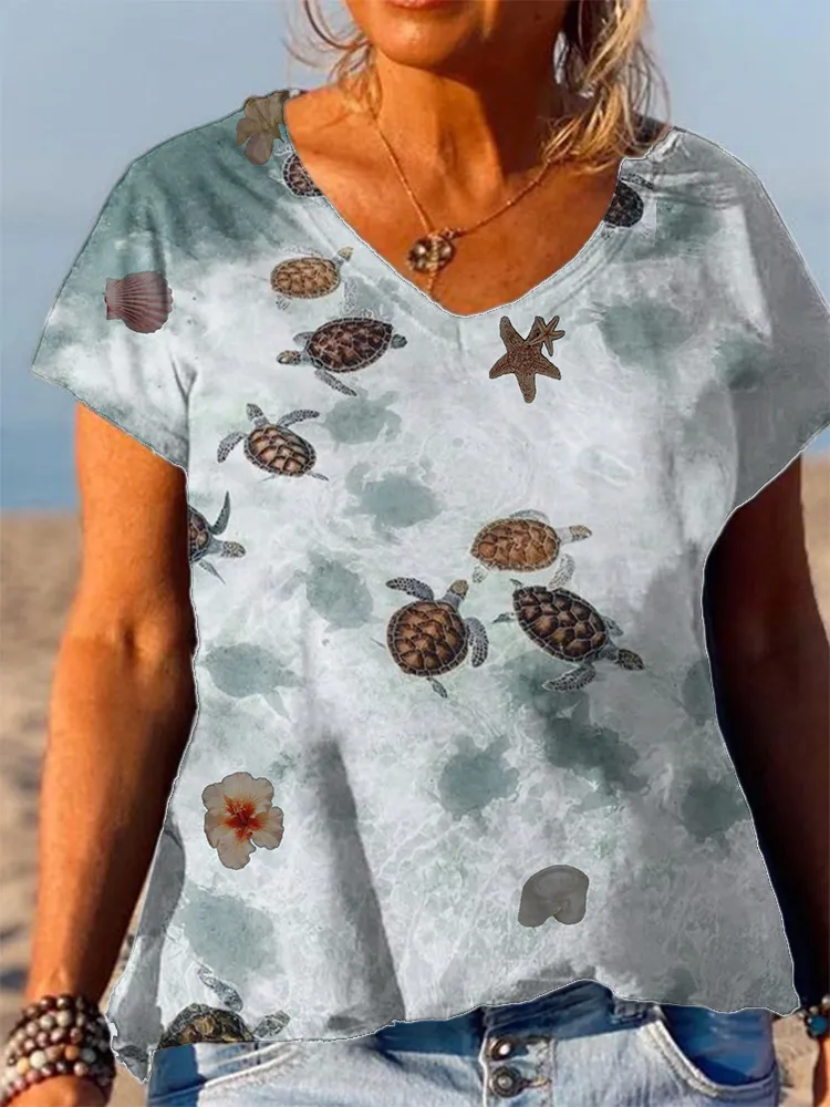 Women'S Summer Beach Turtles  Print V-Neck Cotton T-Shirt