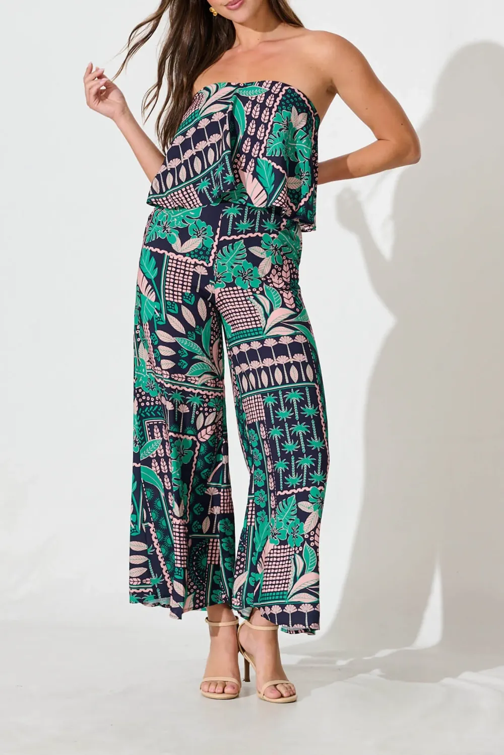 Green Printed Strapless Wide Leg Jumpsuit