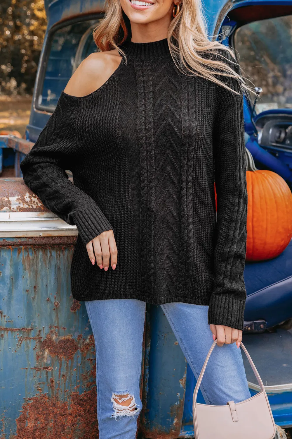 Cable Knit Mock Neck Cutout Sweater