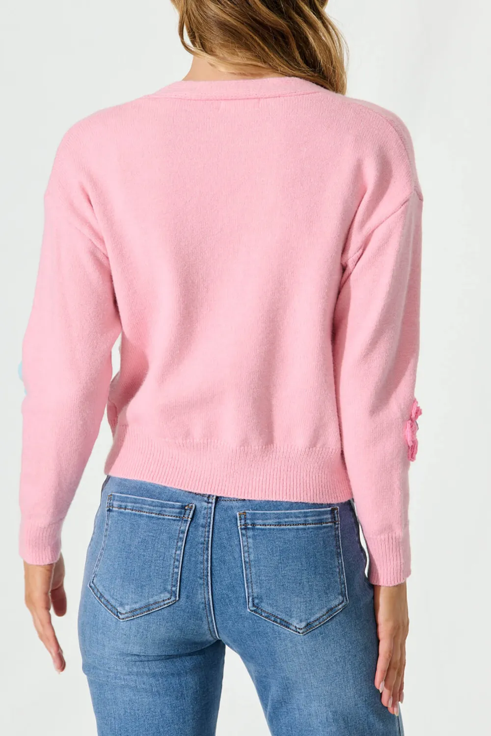 Pink Flower Embroidered V Neck Cardigan