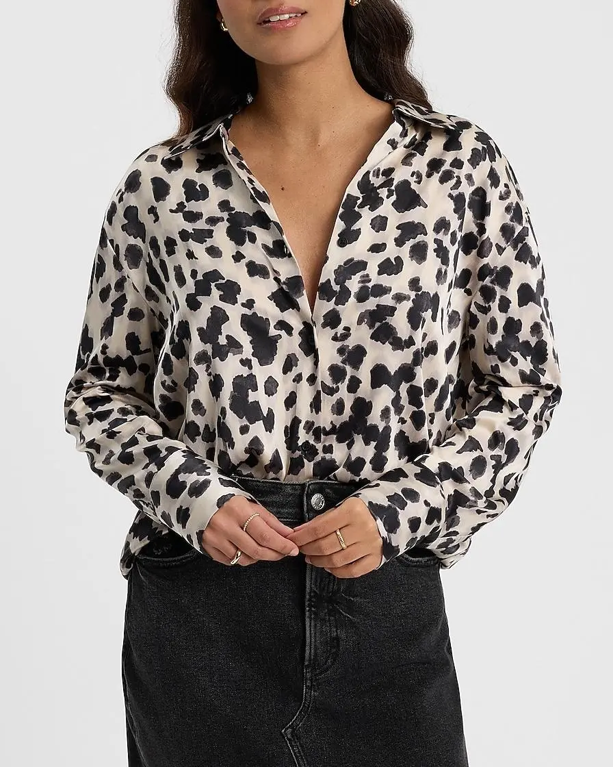 Satin Blurred Leopard Print Boyfriend Portofino Shirt