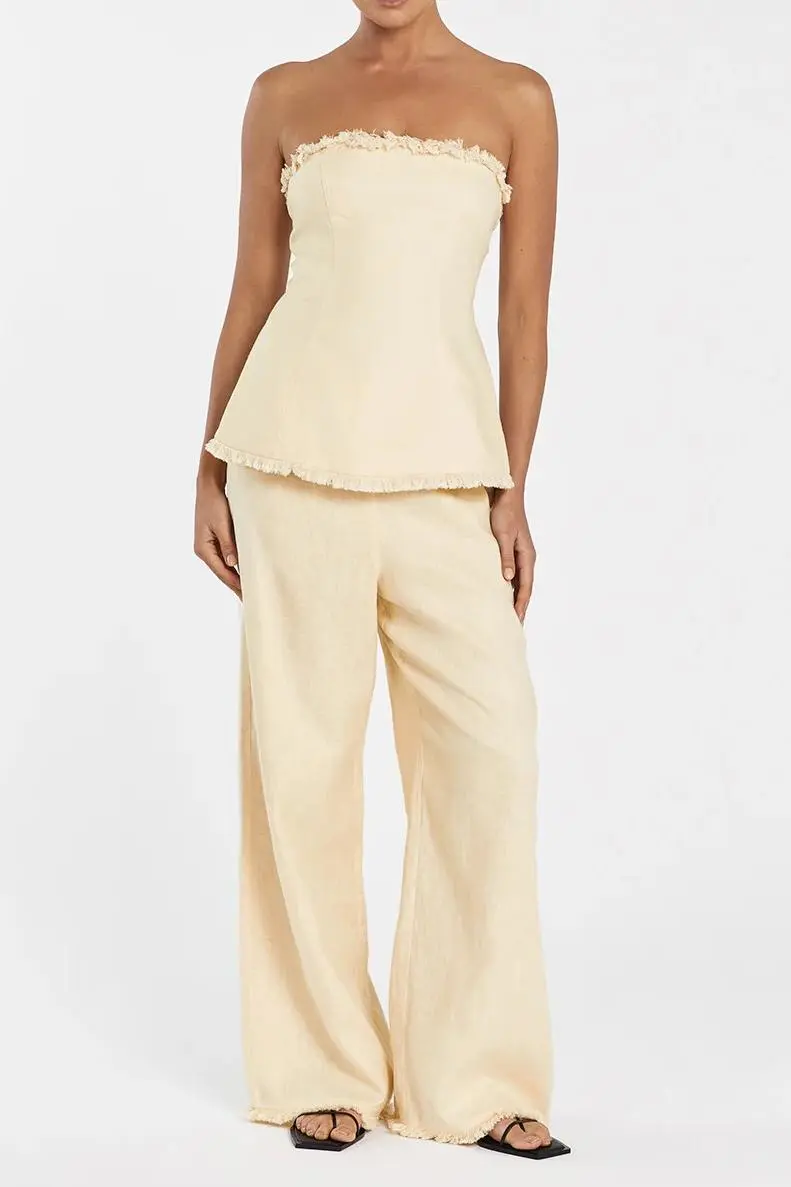 ZAHARA LEMON LINEN FRINGED PANT