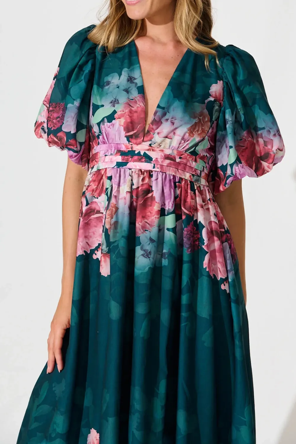 Green Floral Print Puff Sleeve Maxi Dress