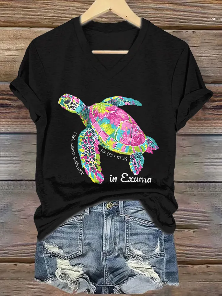 Women's I Just Wanna Swim With The Sea Turtles Short Sleeves V-Neck Pure Cotton T-Shirt