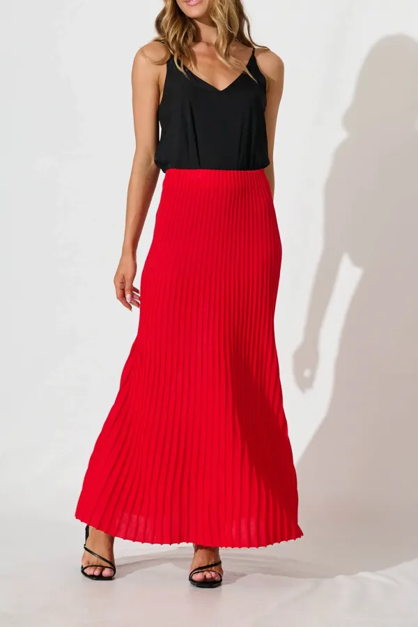 Red Pleated Maxi Skirt