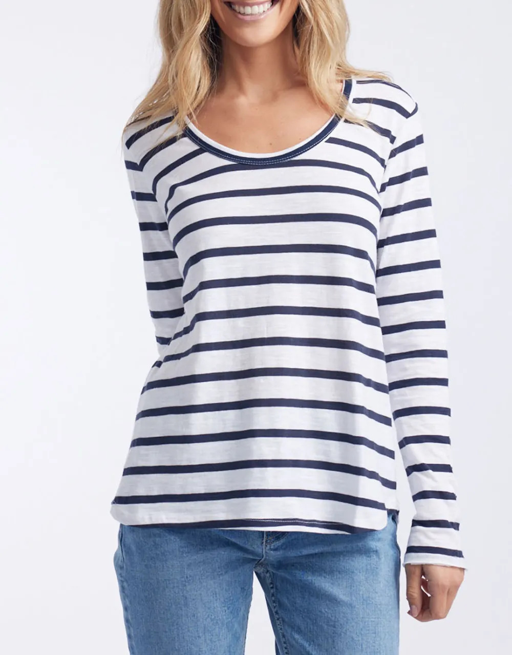 Original Round Neck Long Sleeve T-Shirt - Navy/White Stripe