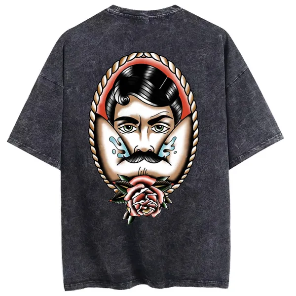 Bearded Man Rose Printed Oversize Washed T-Shirt