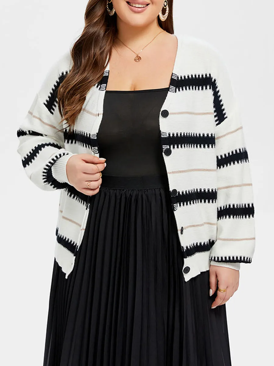 Striped Pattern Button Front Drop Shoulder Cardigan