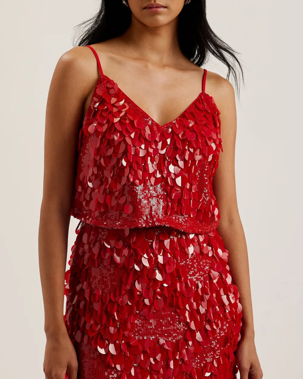 Jalenda Mixed Sequin Cropped Cami Top Red