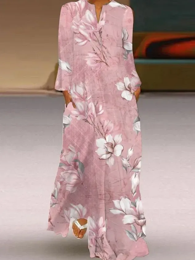 Women Floral Notched Long Sleeve Comfy Casual Maxi Dress