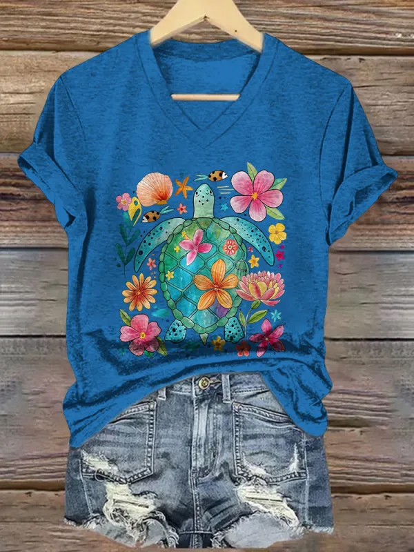 Women's The Sea Turtles Short Sleeves V-Neck Pure Cotton T-Shirt