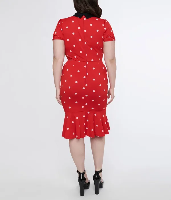 Unique Vintage Plus Size Red & White Polka Dot Neck Tie Wiggle Dress