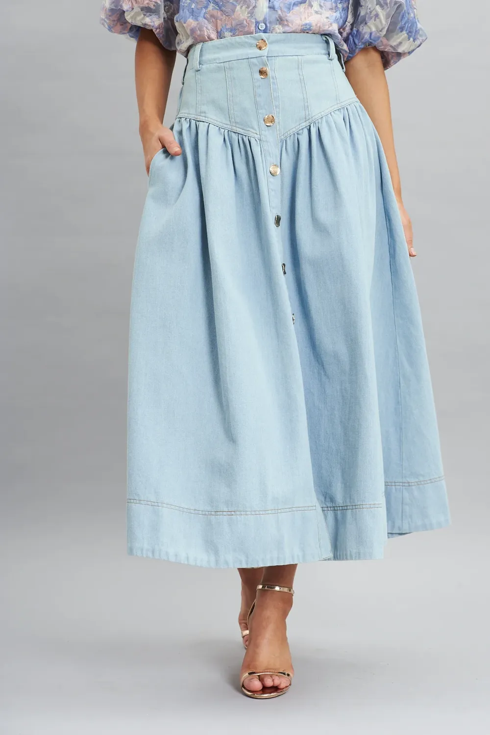 Light Blue High Waist Denim Midi Skirt