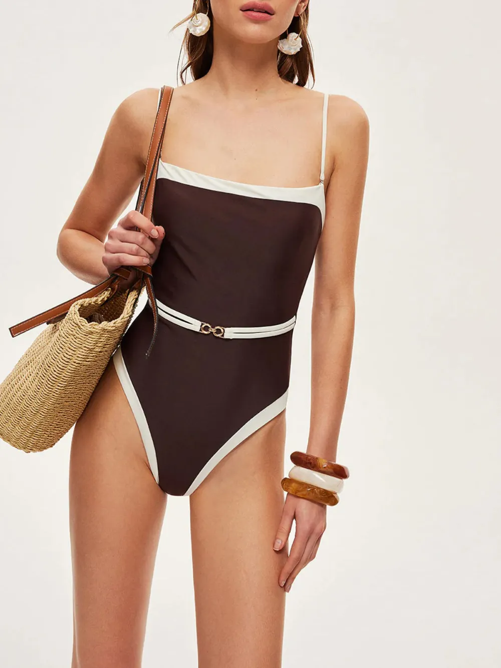 Contrast Trim Cami One-Piece Swimsuit With Belt