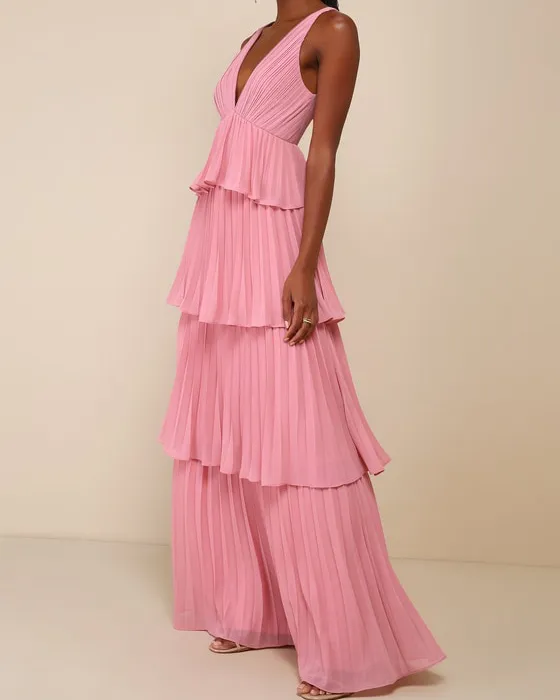 Mesmerizing Essence Pink Pleated Backless Tiered Maxi Dress