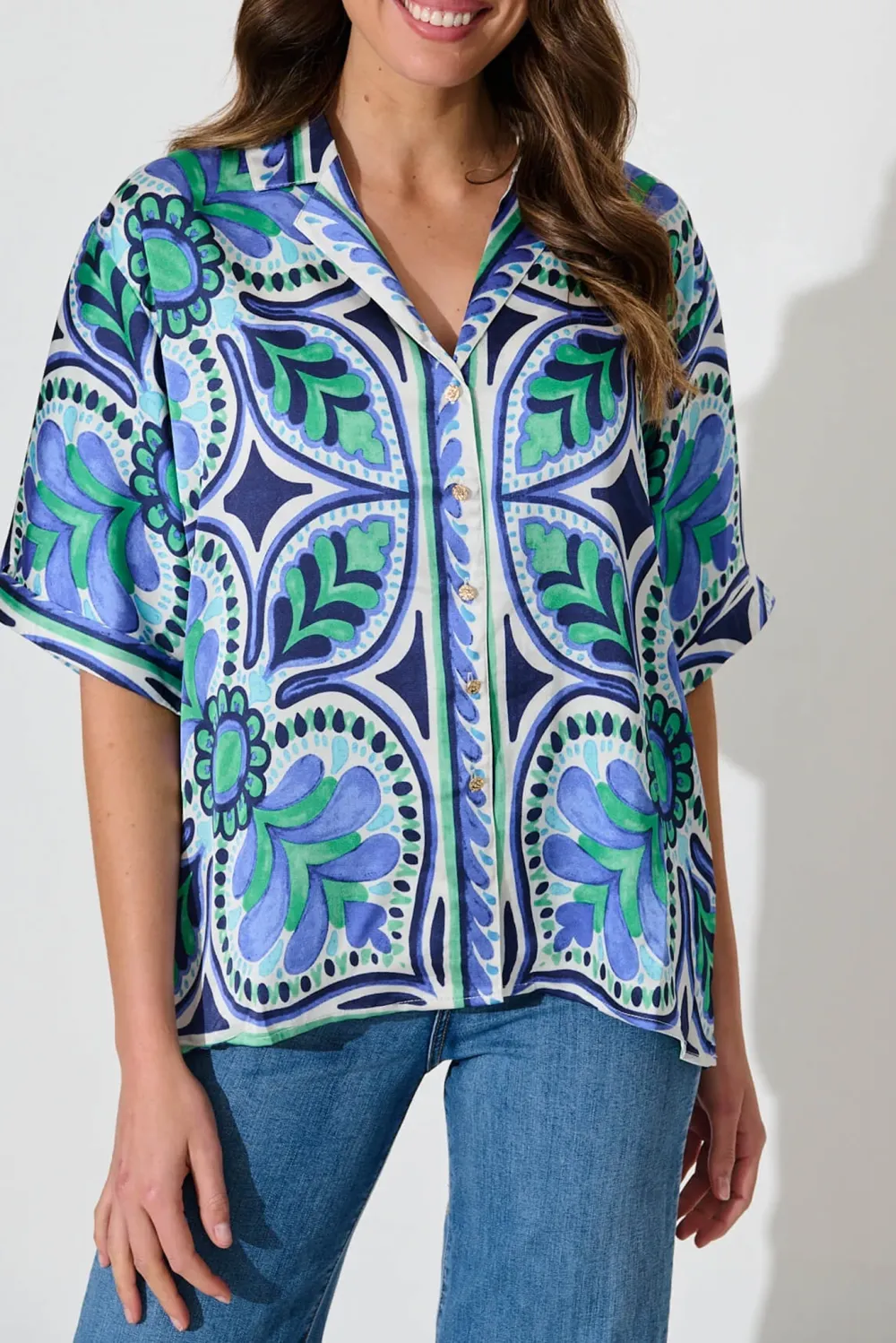 Blue Green Patterned Short Sleeve Shirt