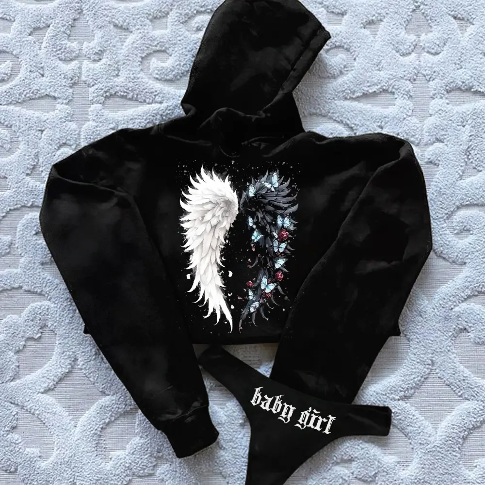Angel Or Evil Wings Printed Women's Cropped Hoodie & Thong Sets
