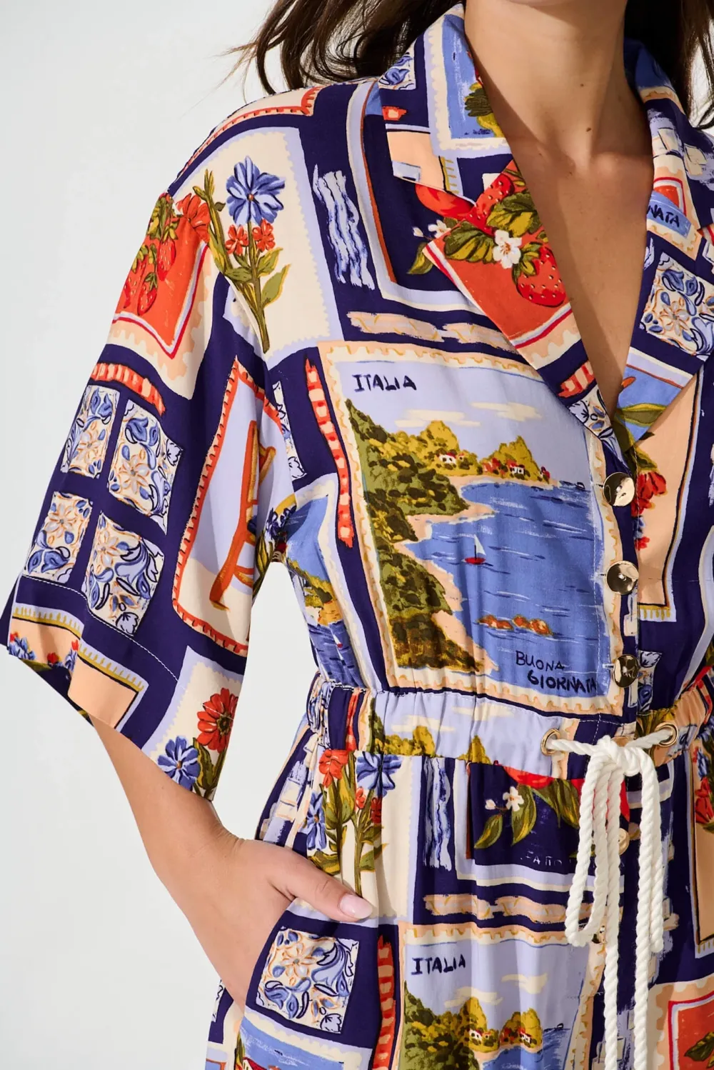 Blue Based Patchwork Print Short Jumpsuit