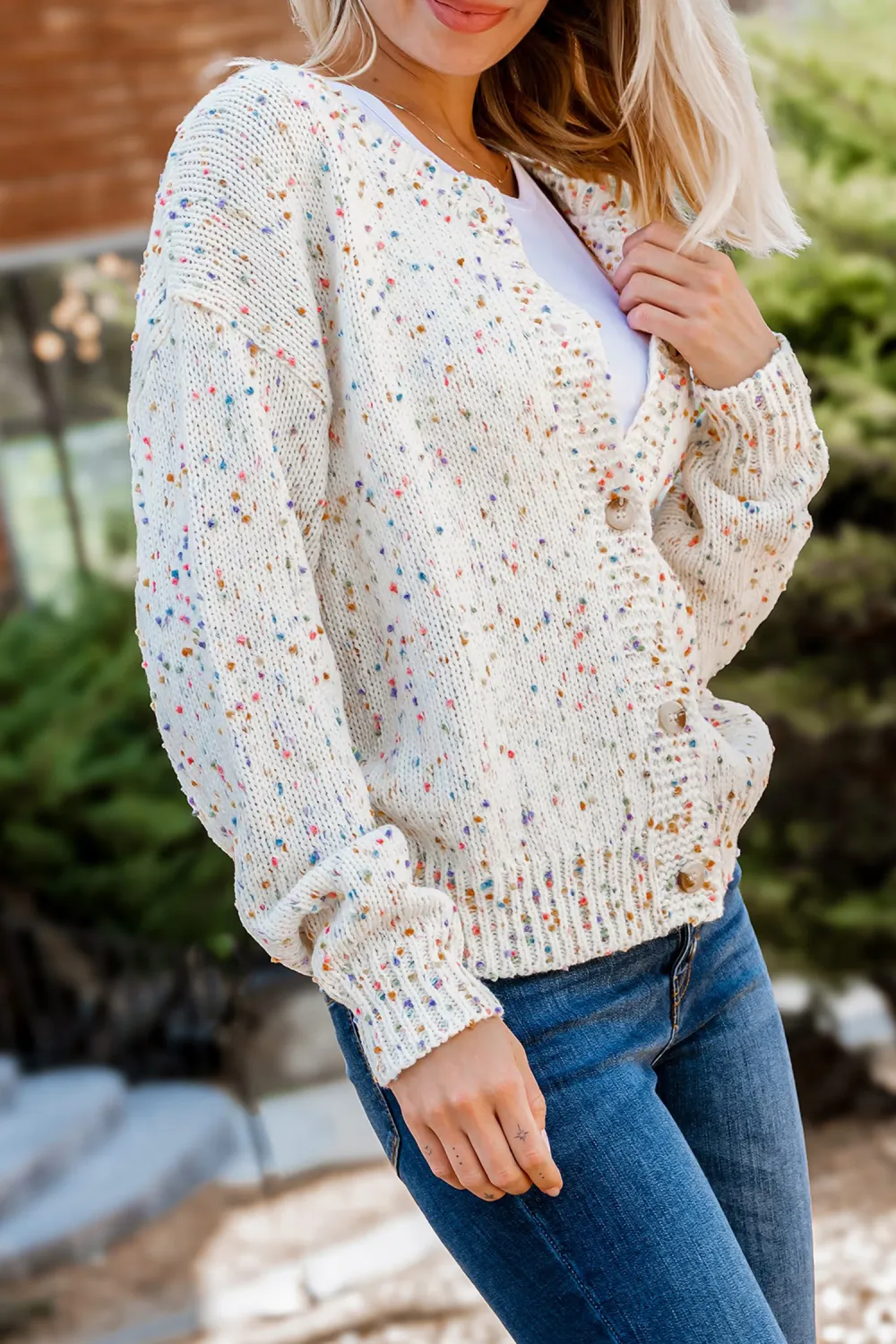 Confetti Knit Front Button Long Sleeve Cardigan