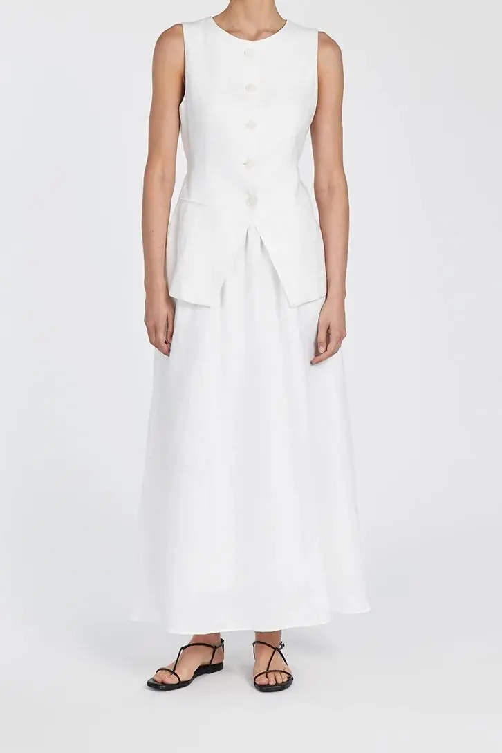 GEMIMA WHITE LINEN MIDI SKIRT