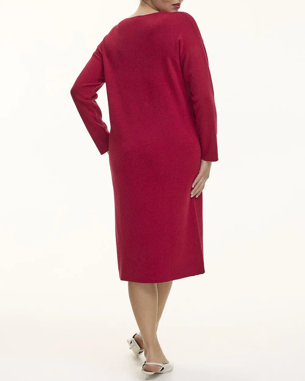 Long-Sleeve V-Neck Midi Sweater Dress