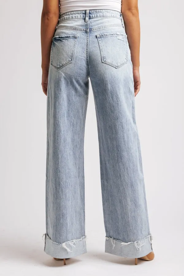 Light Wash Baggy Cuffed Wide Leg Jeans