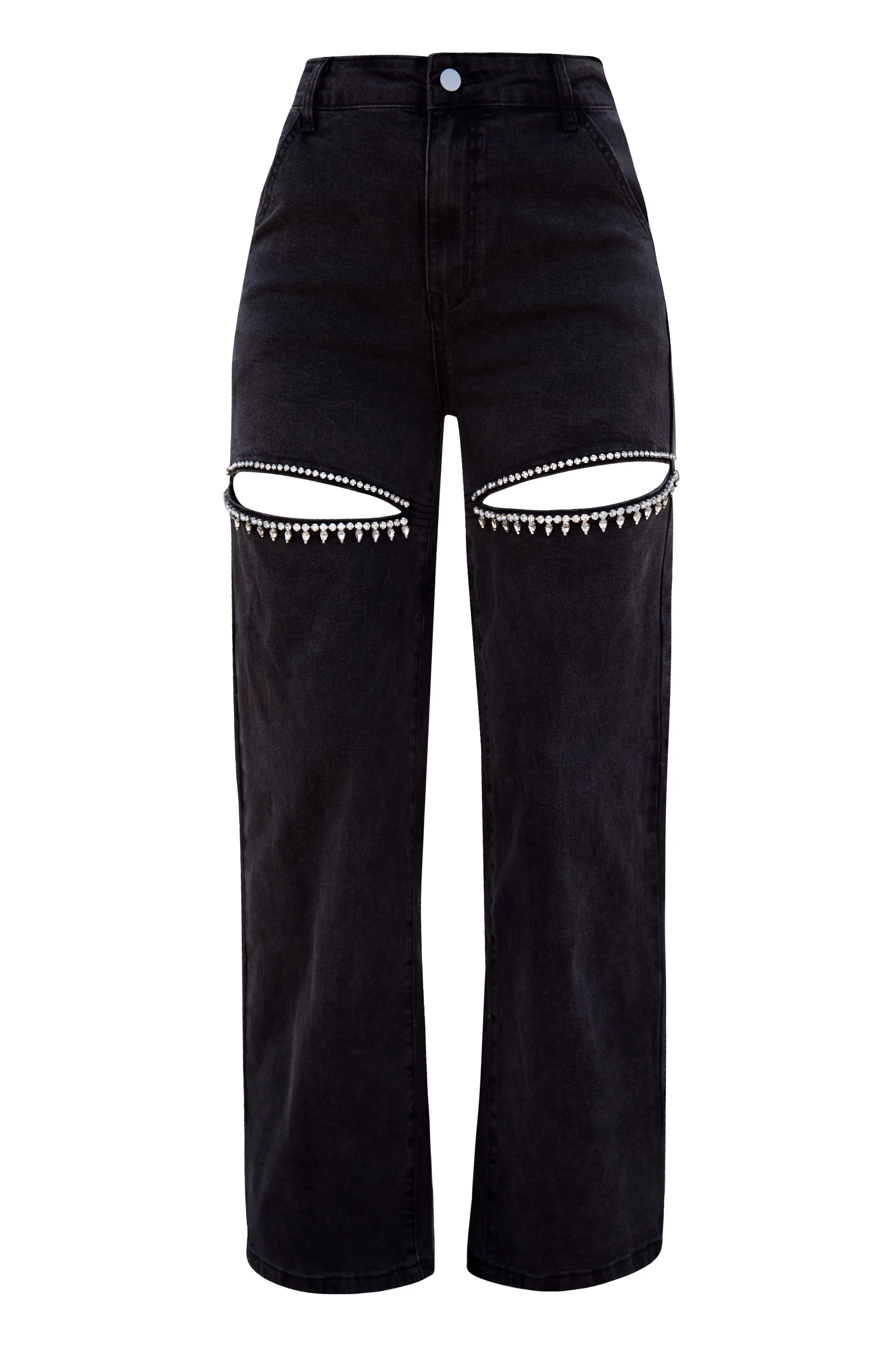 Black Cutout Rhinestone Relaxed Jeans