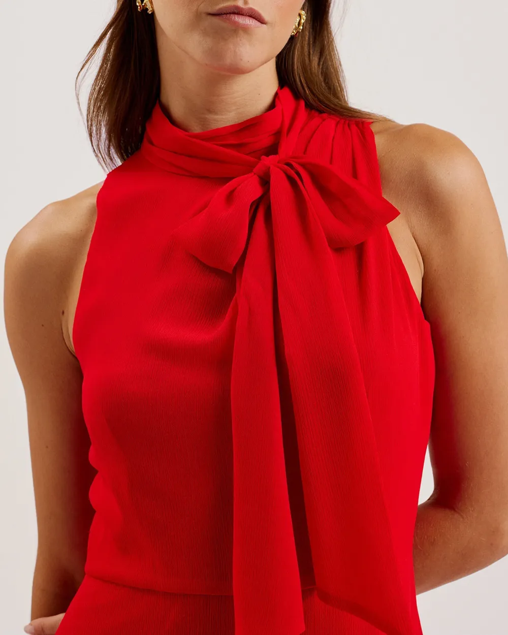 Rowaa Sleeveless Scarf Detail Midi Dress Red