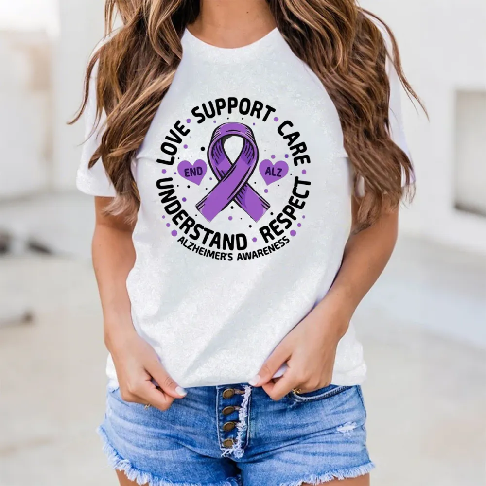 Women'S Love Support Care Understand Respect Alzheimer'S Awareness Round-Neck Short-Sleeved T-Shirt