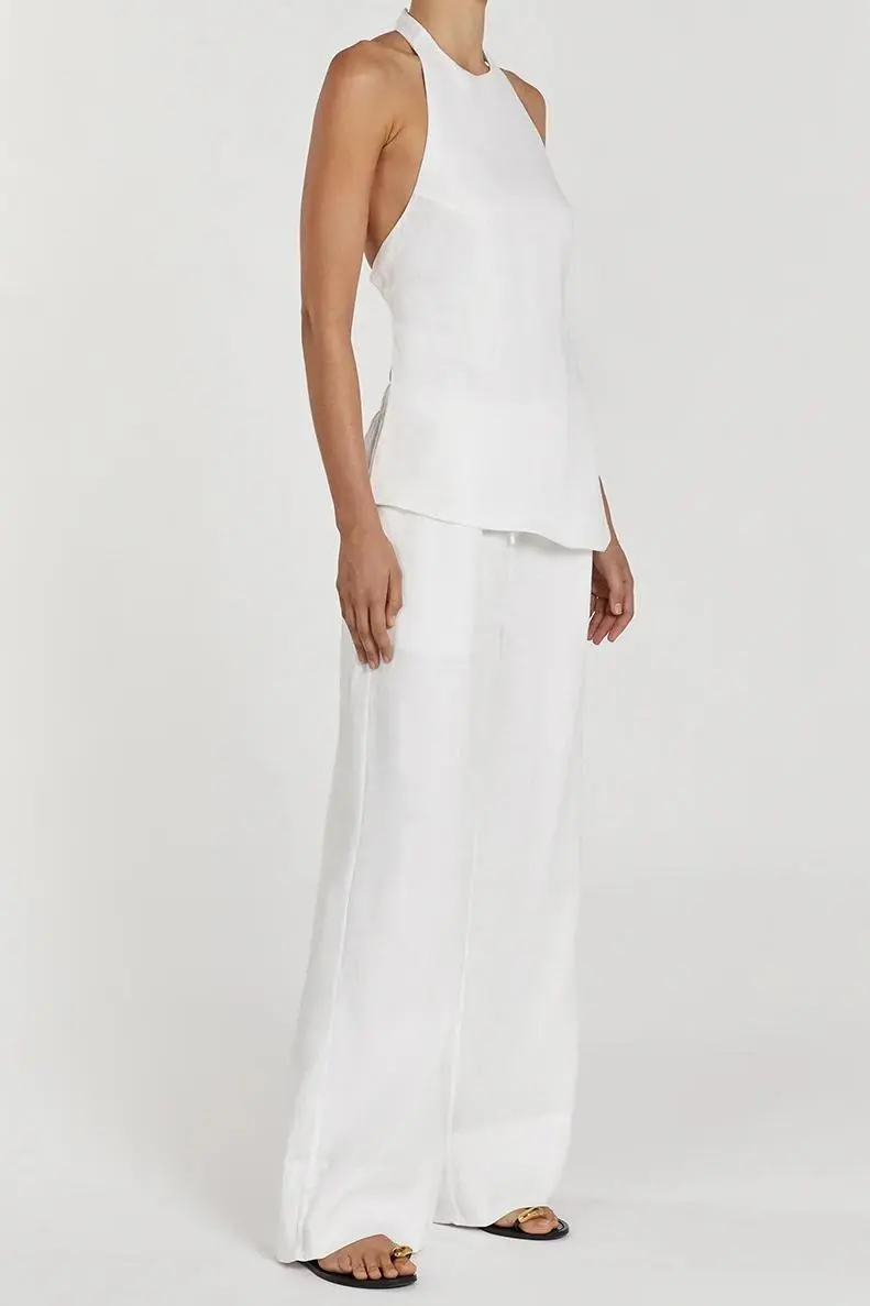 GINA WHITE LINEN ELASTIC WAIST PANT