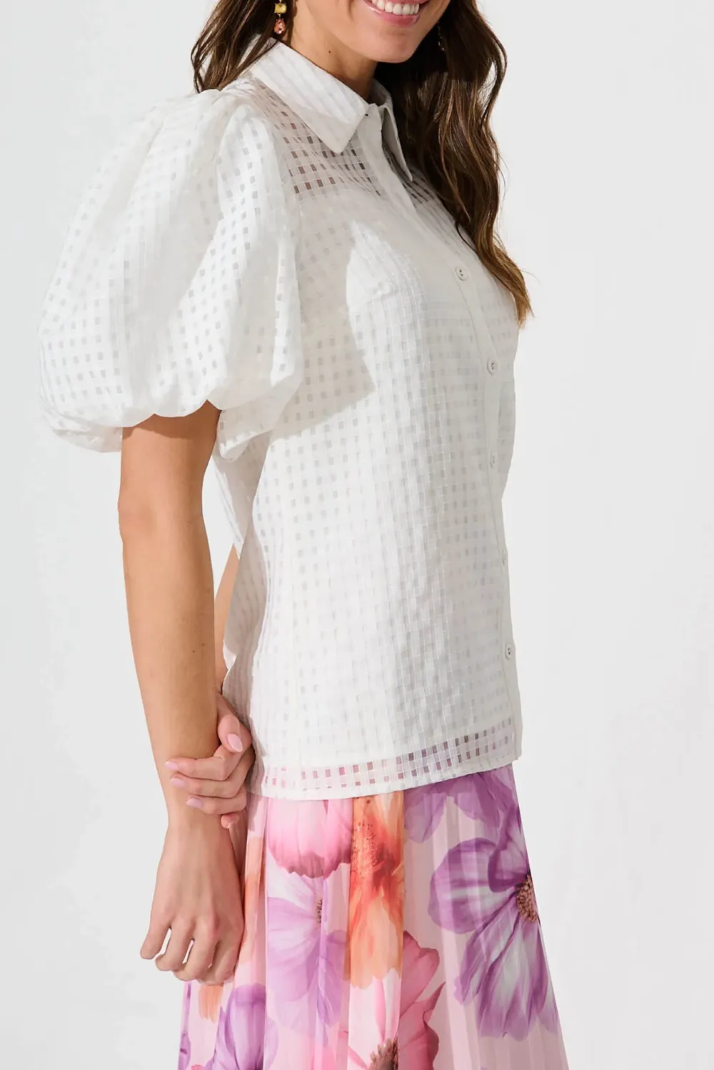 White Eyelet Puff Sleeve Button Up Shirt