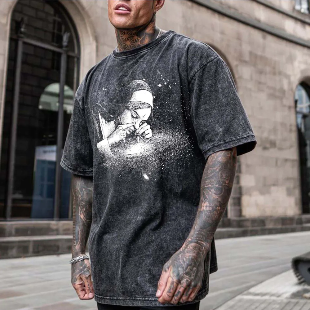 Evil Nun Printed Oversize Washed T-Shirt