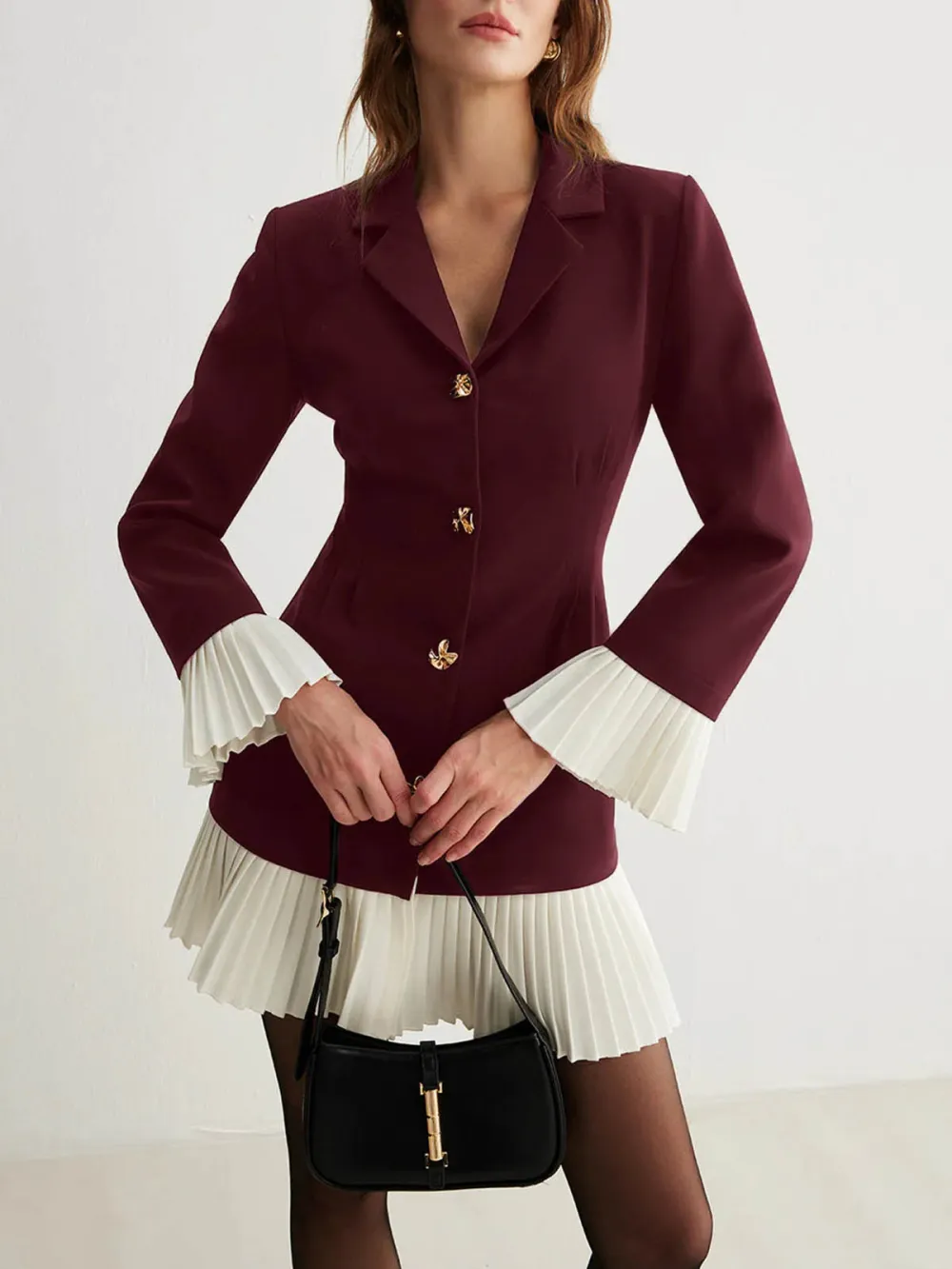 Pleated Detail Metal Button Long Sleeve Dress