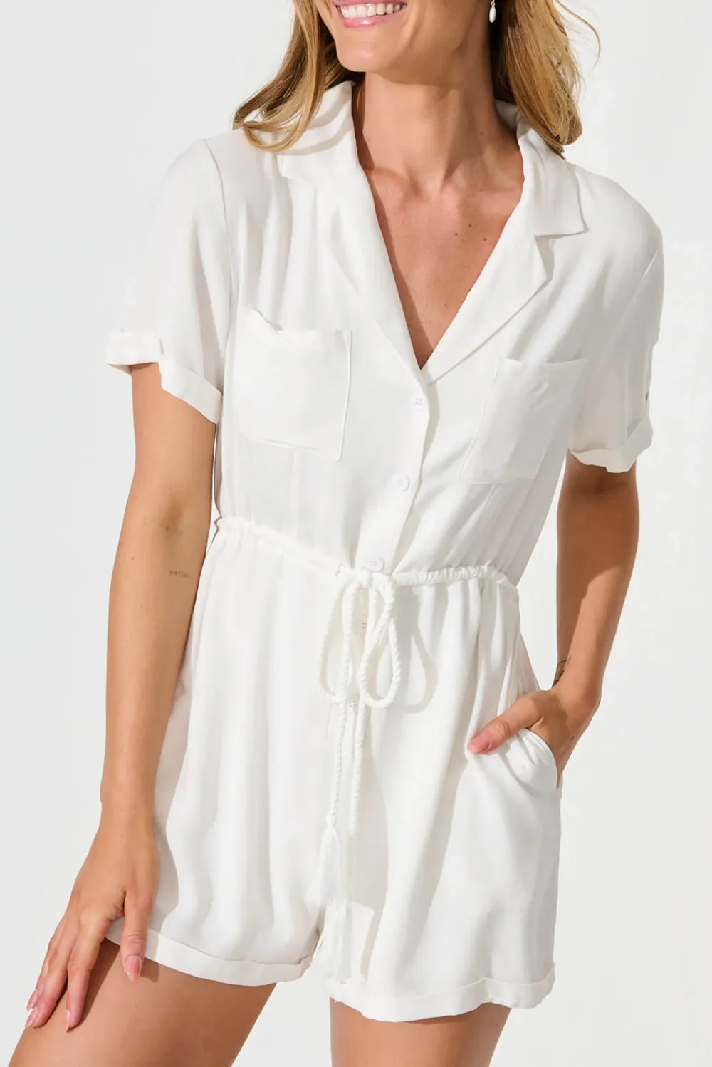 White Short Sleeve Shirt Style Jumpsuit