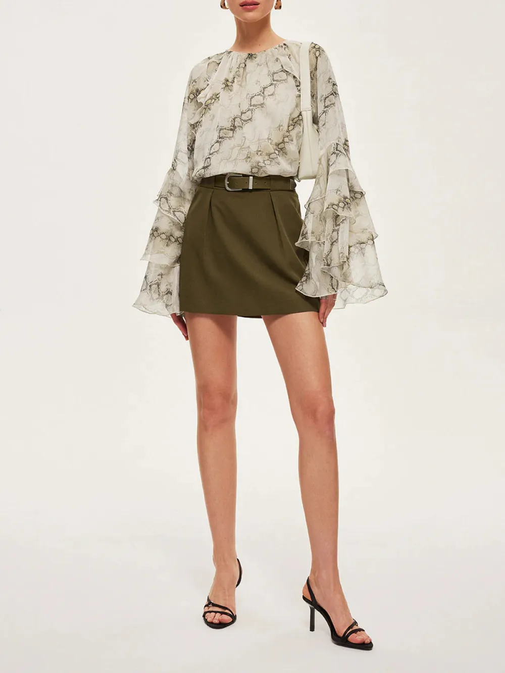 Printed Crew Neck Ruffle Sleeve Blouse