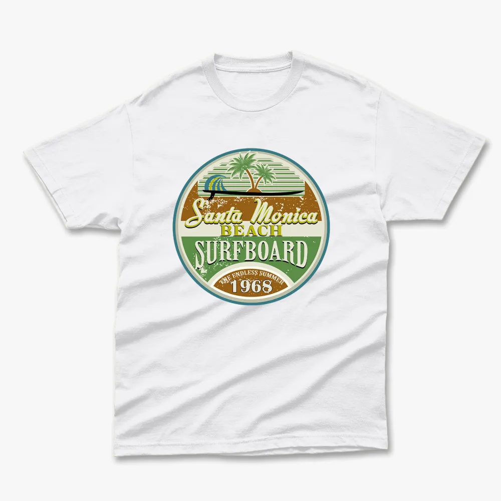 Retro Summer Santa Monica Beach Surfboard 1968 Printed T-Shirt
