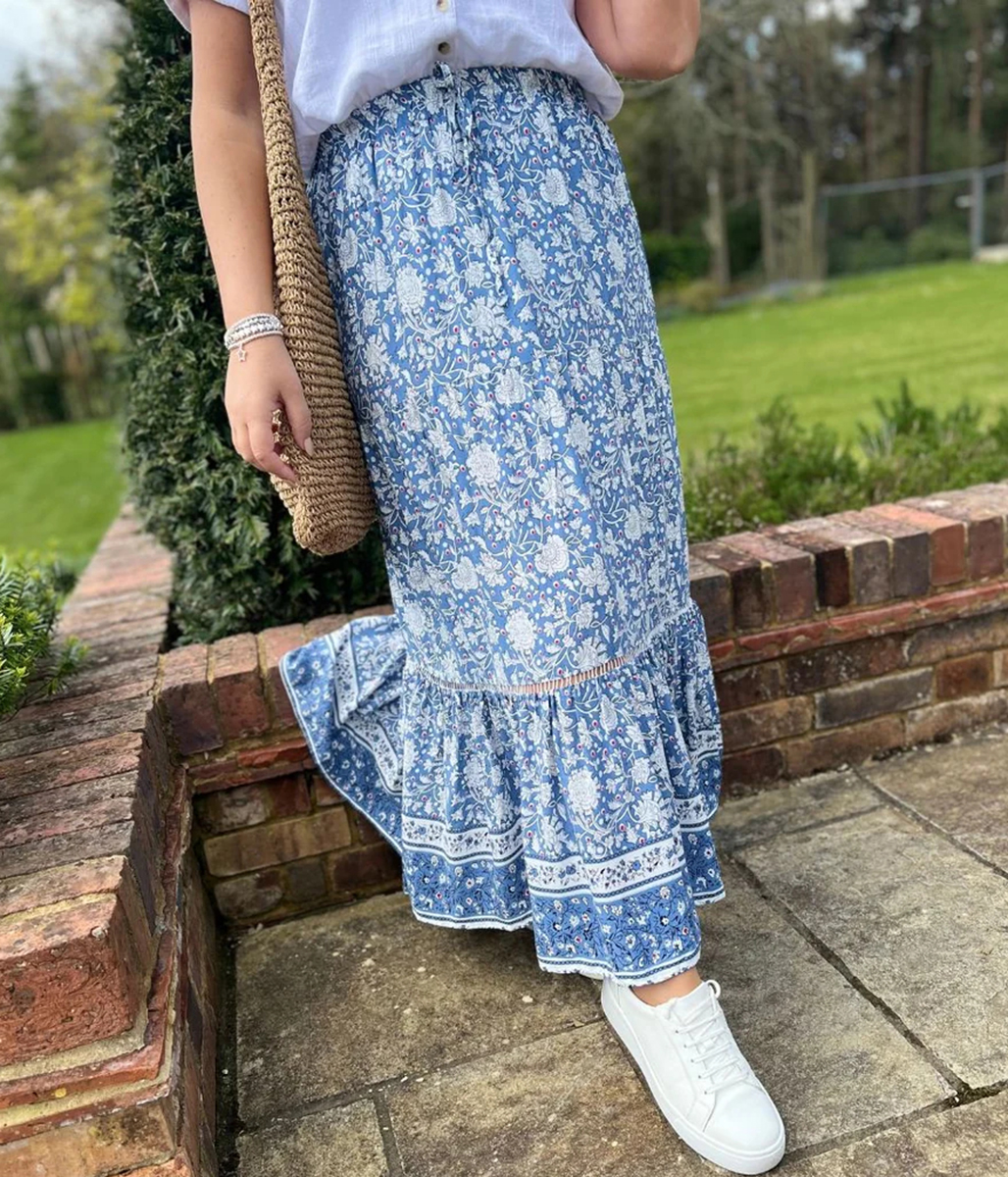 Blue Floral Tiered Midi skirt