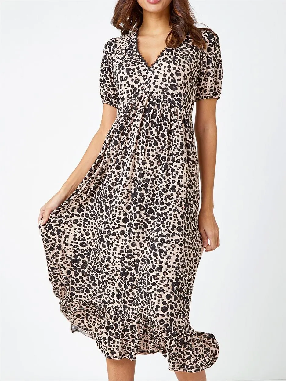 V-neck leopard print midi dress