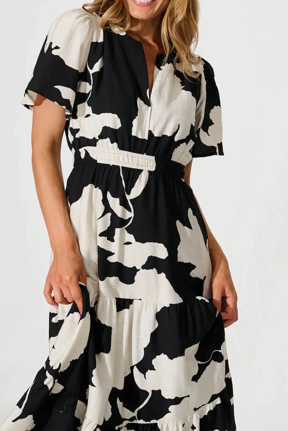 Black Floral Print Tiered Midi Dress