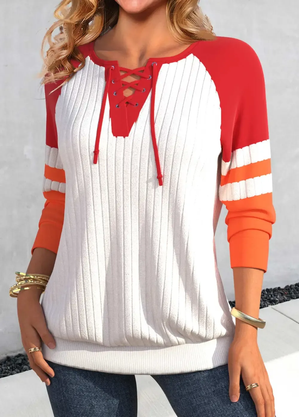 Red Patchwork Long Sleeve Lace Up Collar Sweatshirt