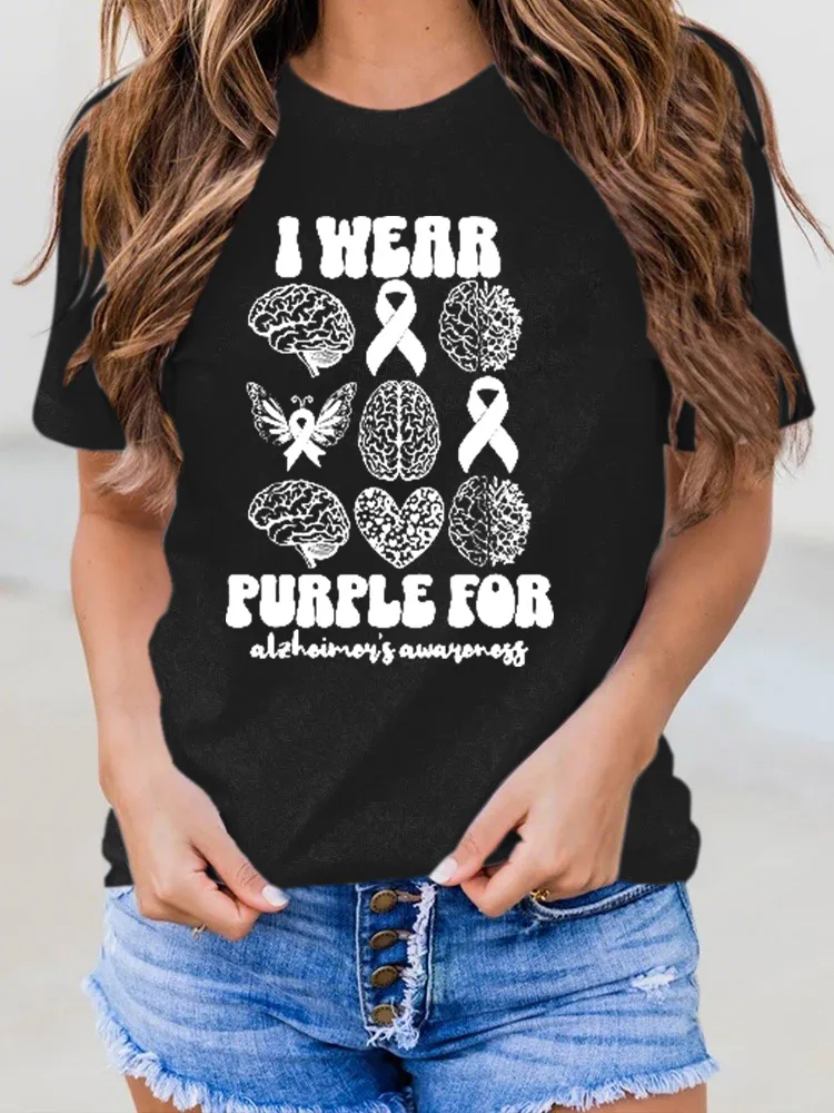 Women'S I Wear Purple For Alzheimer'S Awareness Round-Neck T-Shirt