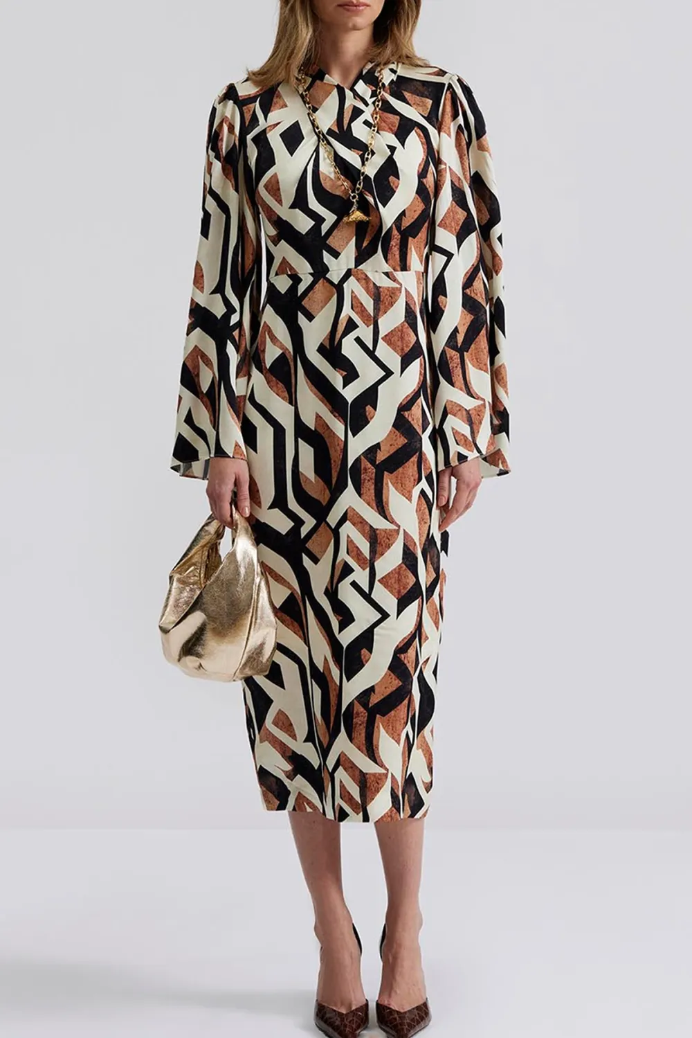 Geometric Print Wrap Midi Dress