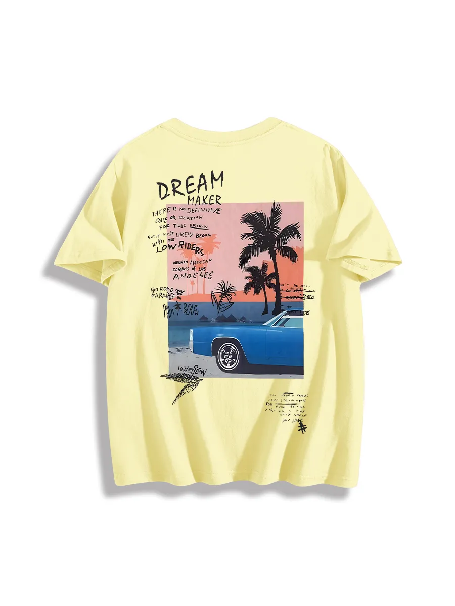 Men'S Letter Palm Tree Car Graphic Printed Crew Neck Short Sleeves T-Shirt
