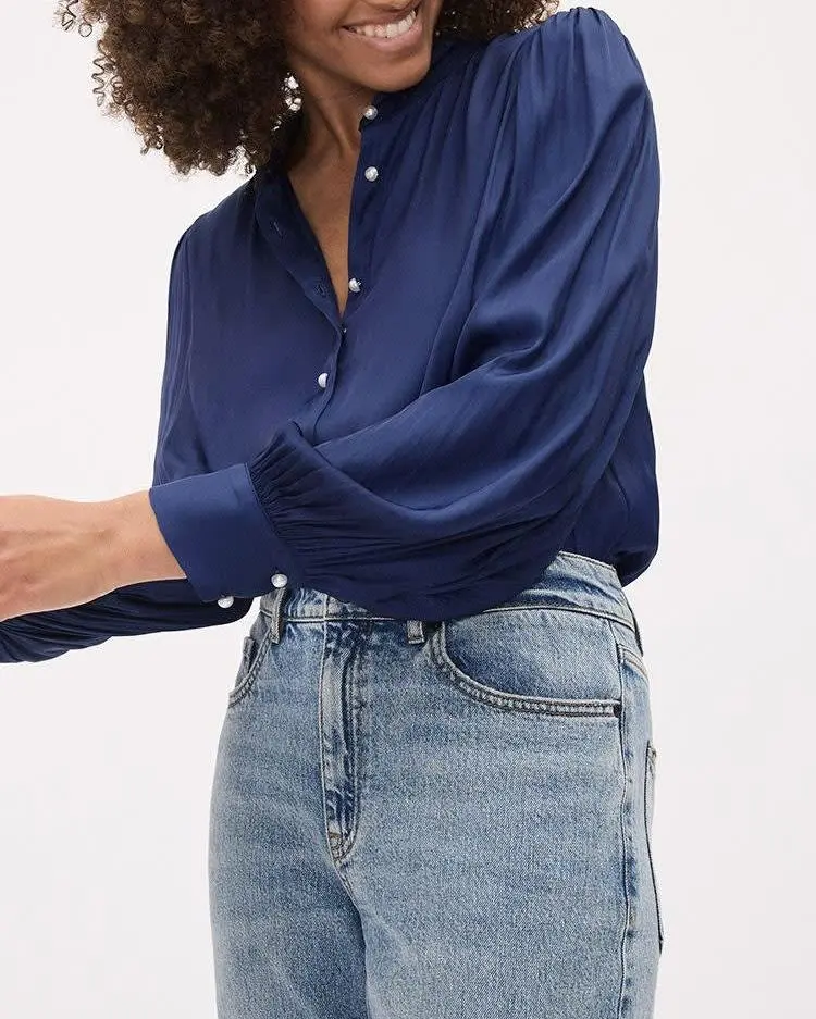 Long-Puffy-Sleeve Buttoned-Down Satin Blouse