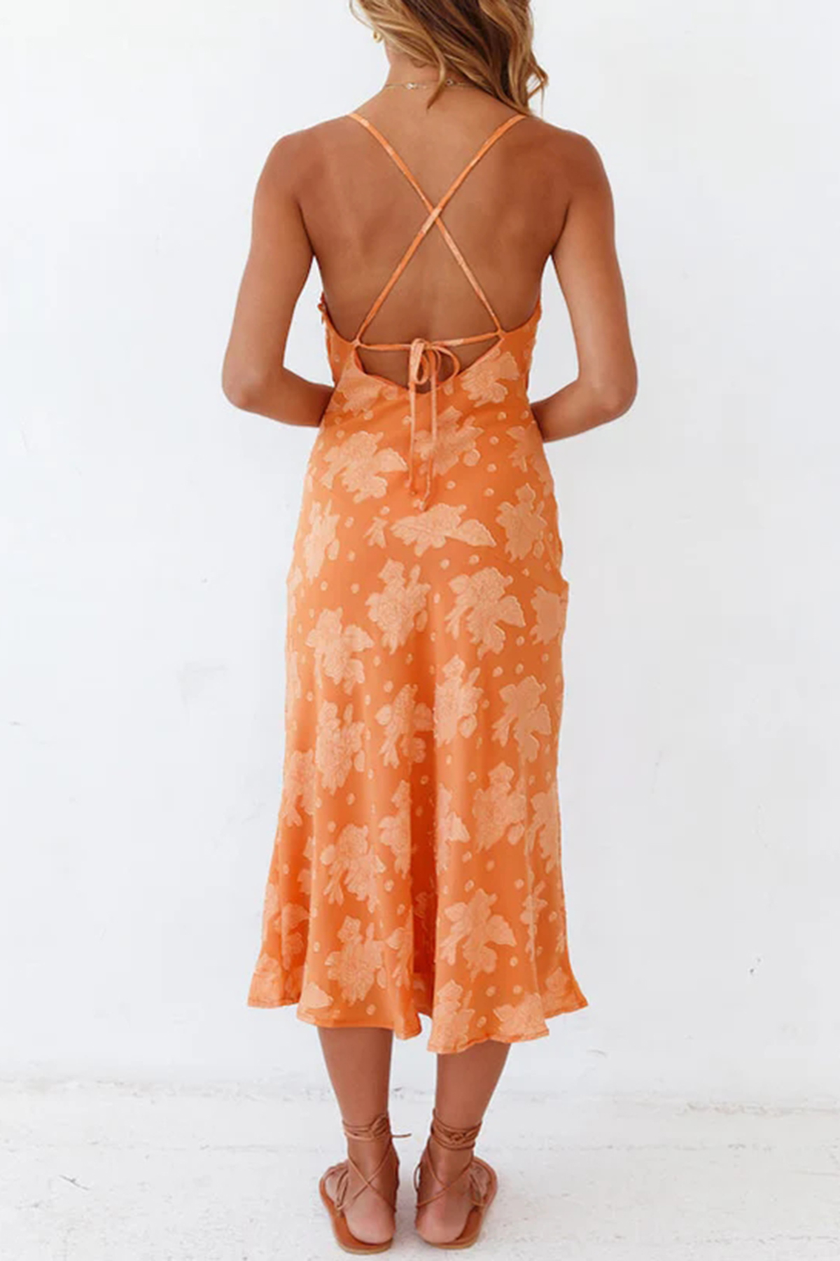 Floral Cowl Neck High Slit Slip Midi Dress - Burnt Orange