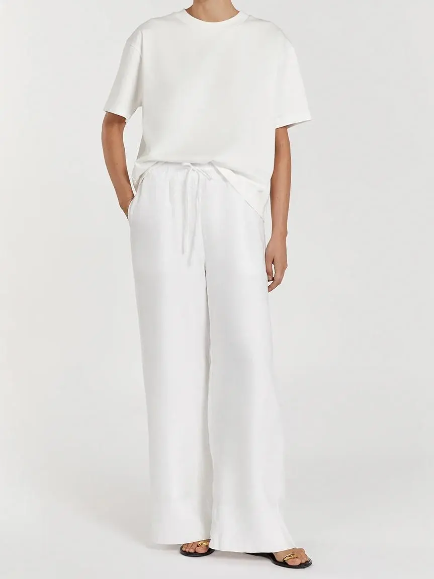 GINA WHITE LINEN ELASTIC WAIST PANT